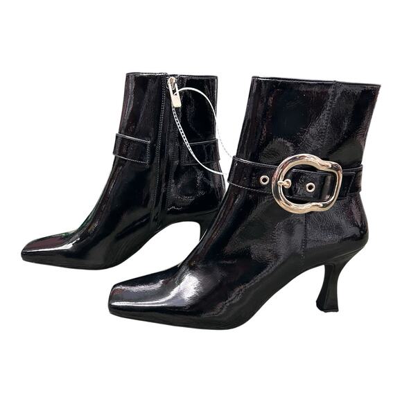 NWOB Gb Gianni Bini Sz 8M Face-Card Patent Oversized Buckle Heeled Bootie Black - Picture 6 of 16